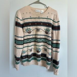 Nature themed Sweater with Cream and Green Stripes alfred dunner size large